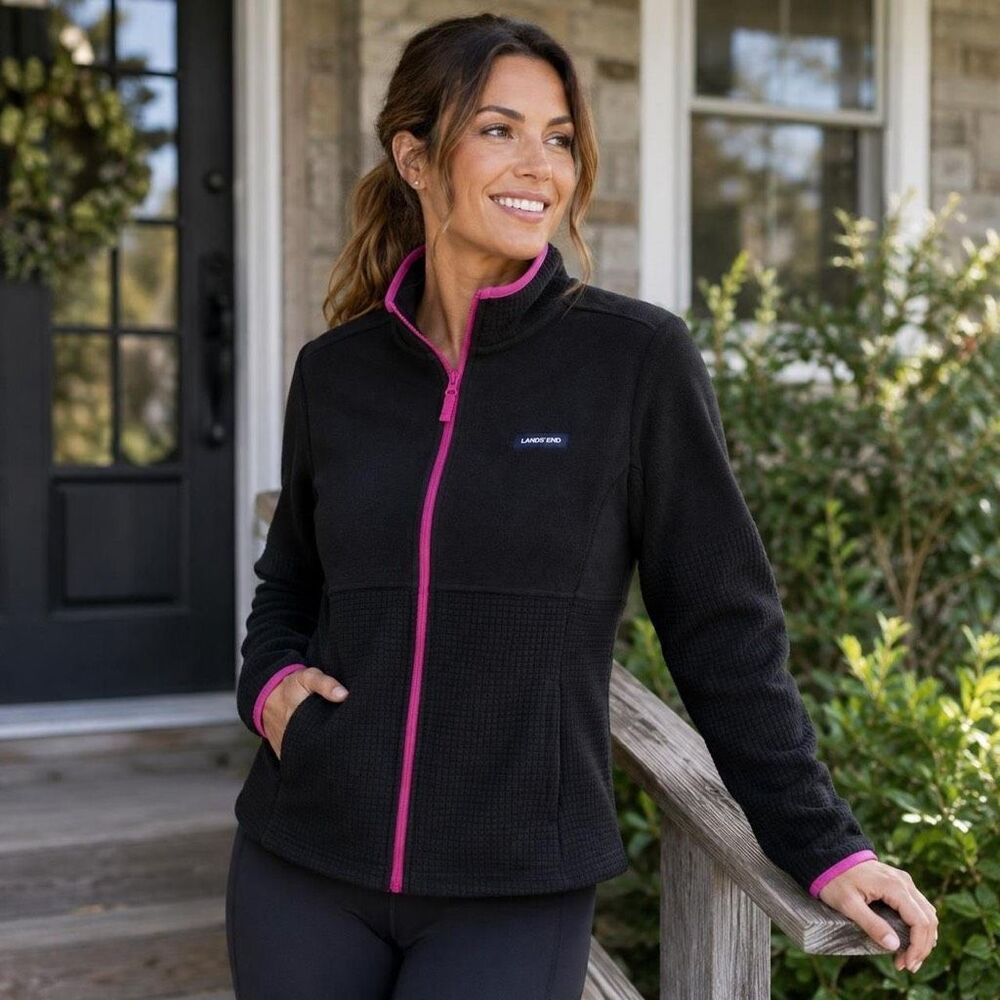 Land’s End Black & Pink Fleece Full Zip Jacket Women’s Size XL